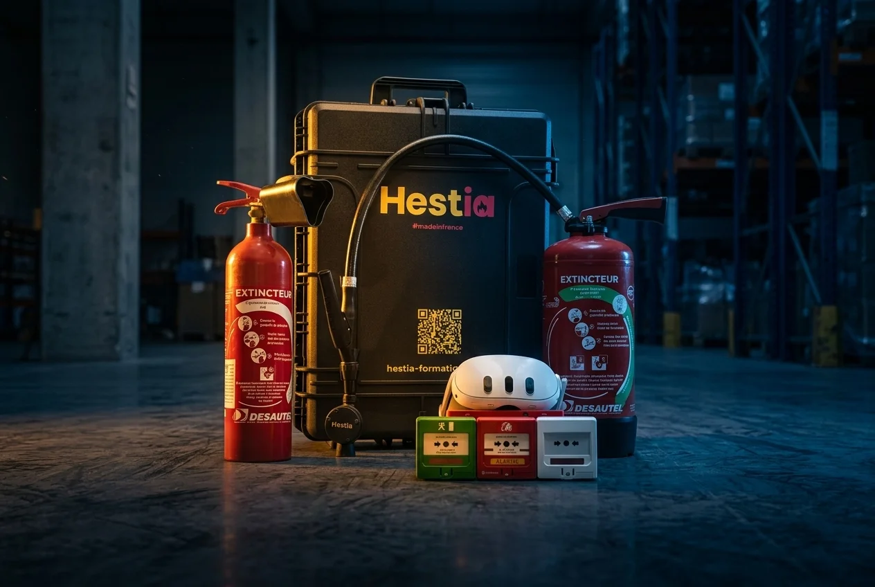 Stagiaire en simulation AR avec casque Meta Quest 3 et extincteur connecté