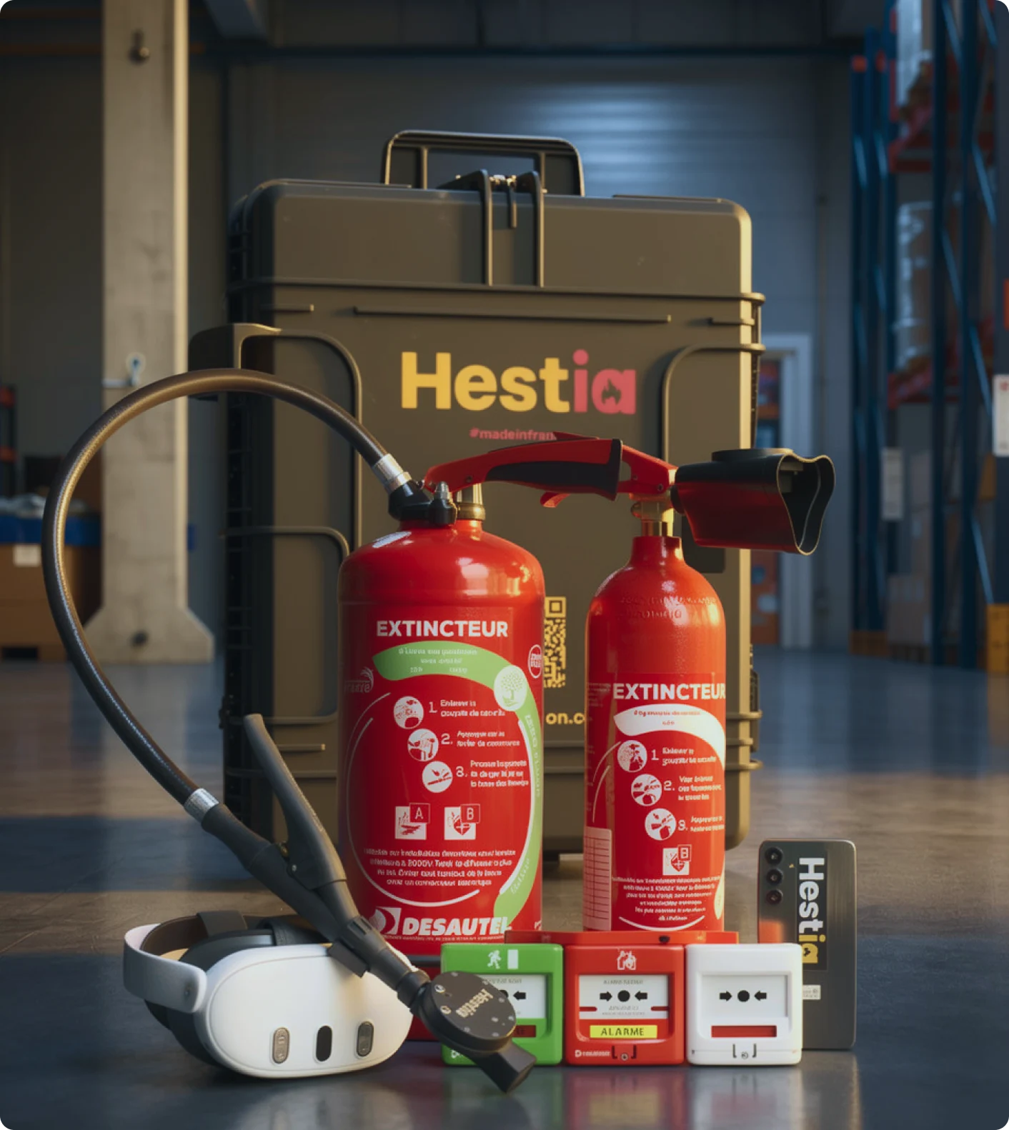 Formateur guidant un stagiaire en situation de formation incendie AR